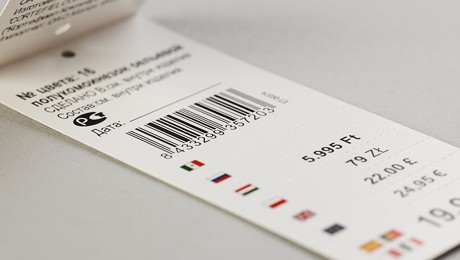 Close-up of text on a apparel price ticket